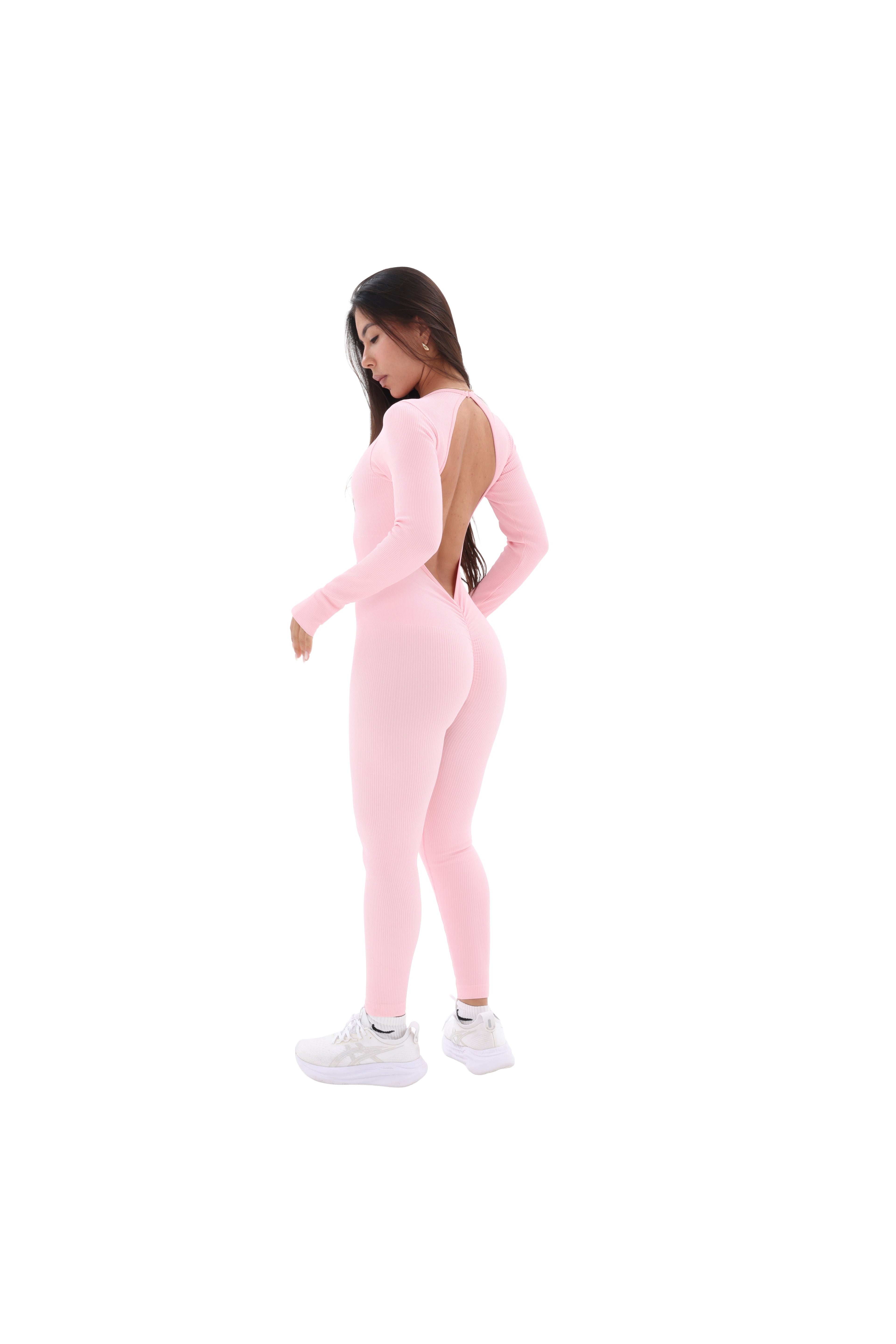 Long-Sleeve Open-Back Jumpsuit with Back Accessory