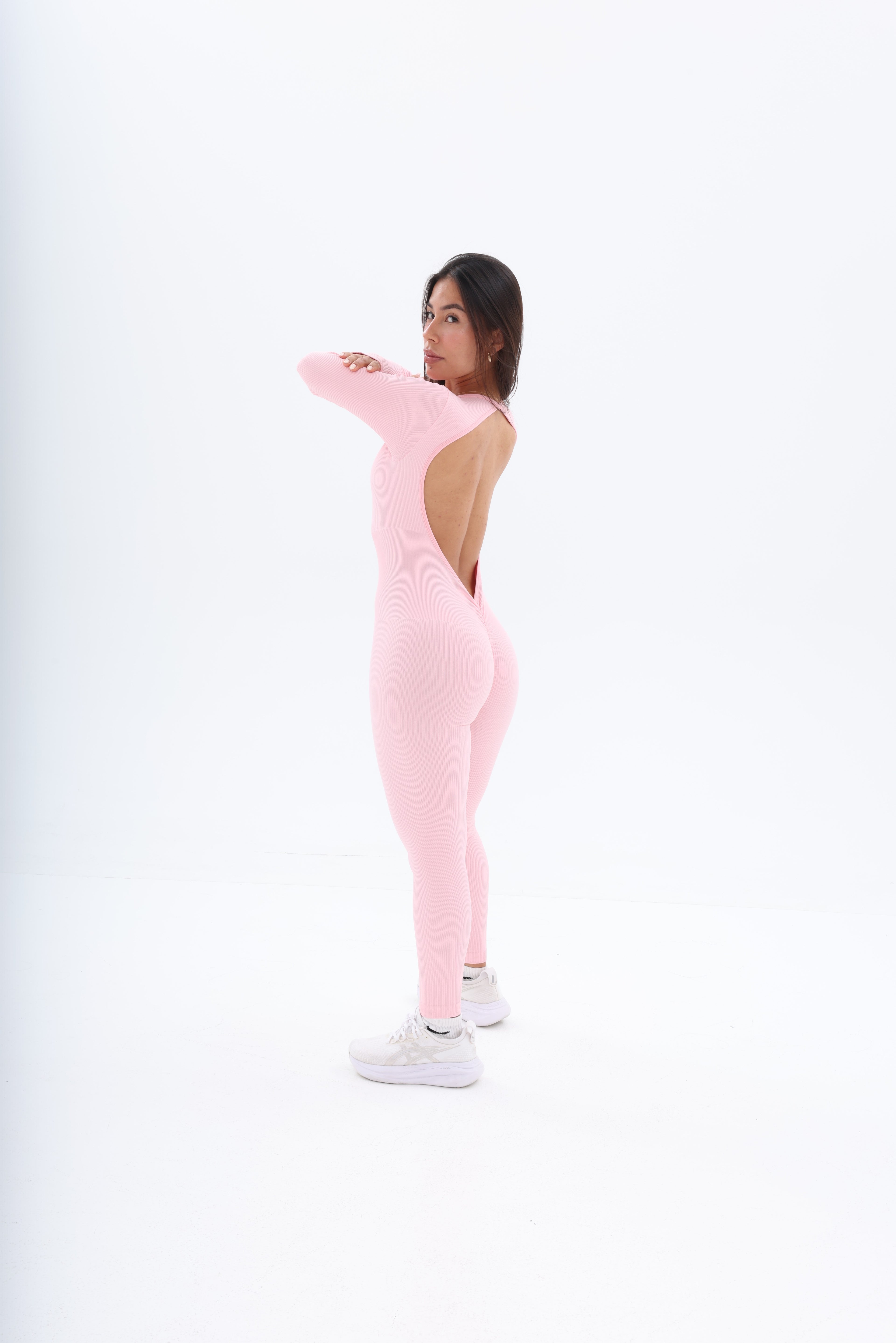 Long-Sleeve Open-Back Jumpsuit with Back Accessory