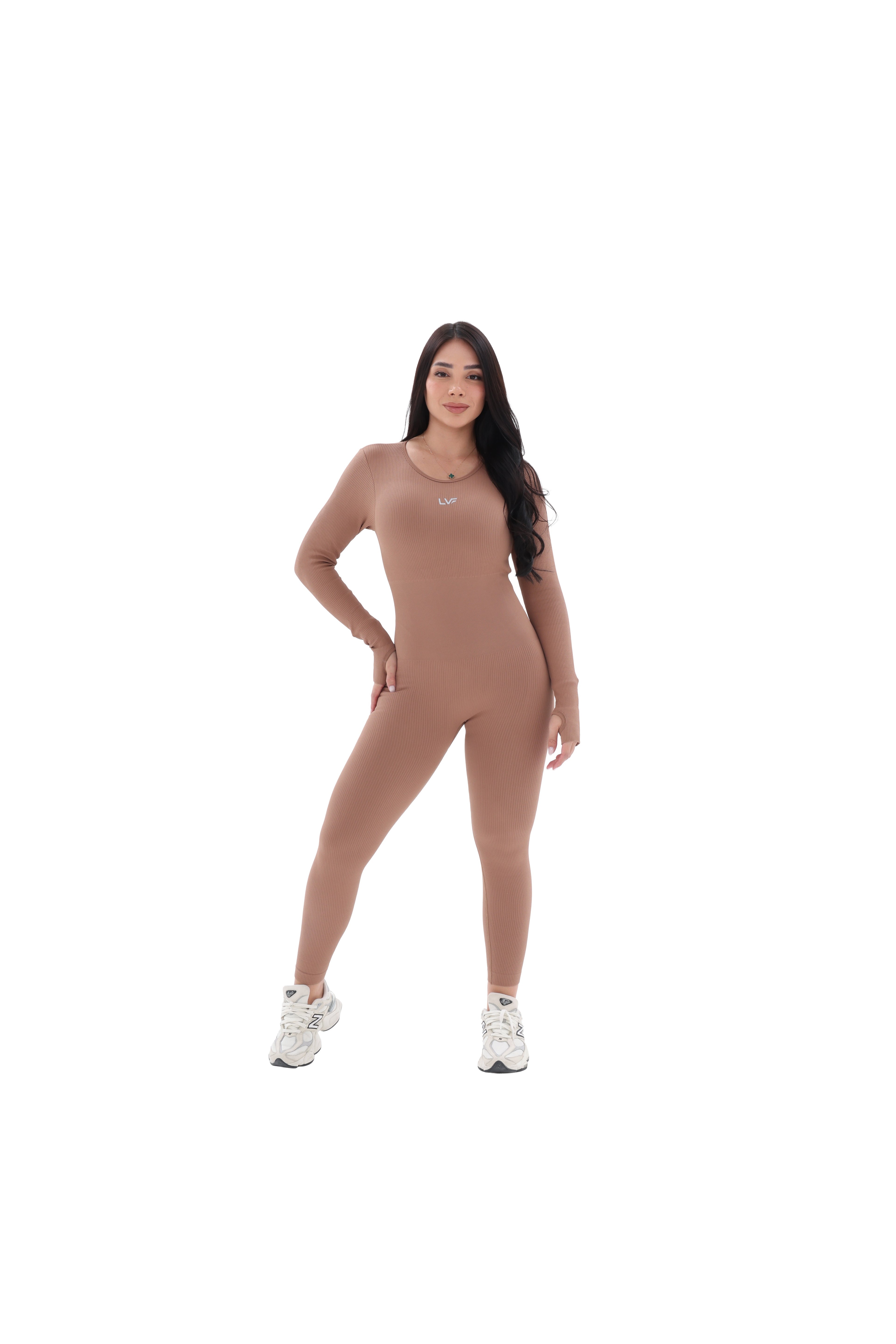 Long-Sleeve Open-Back Jumpsuit with Back Accessory