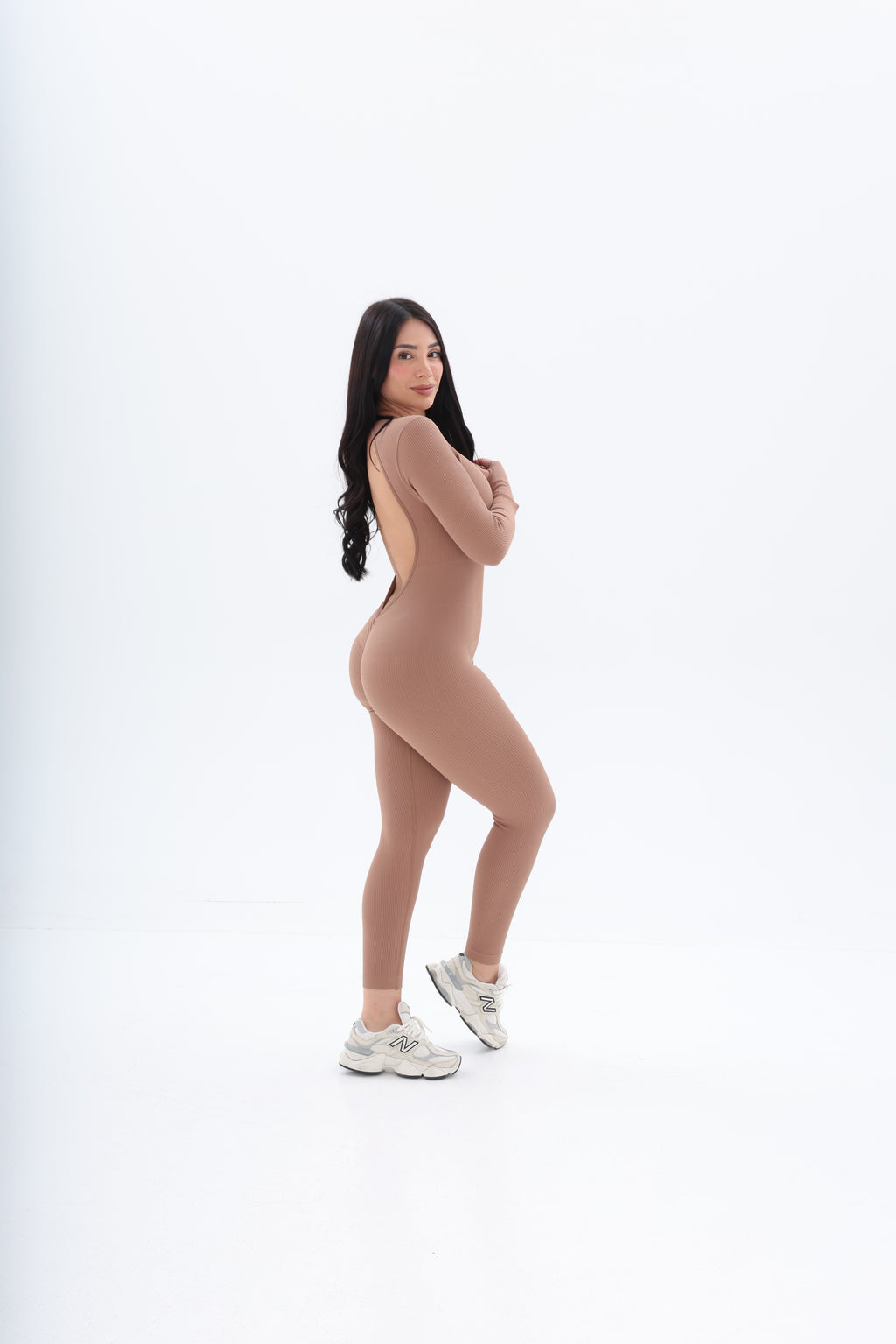 Long-Sleeve Open-Back Jumpsuit with Back Accessory